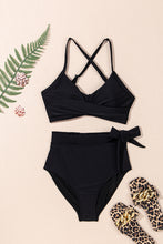 Blue Crossed Straps Twisted Tropical Print Knot Side High Waist Bottom 2pcs Swimsuit