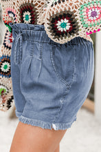 Dusk Blue Raw Hem Lace-up High Waist Plus Size Denim Shorts