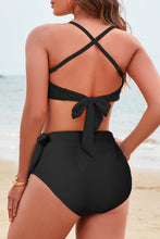 Blue Crossed Straps Twisted Tropical Print Knot Side High Waist Bottom 2pcs Swimsuit