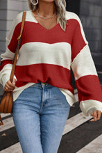 Orange Stripe Loose Color Block Drop Shoulder Bubble Sleeve Sweater
