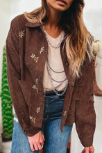 Coffee Floral Embroidered Collar Button Front Corduroy Jacket With Pocket