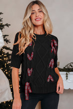 Fiery Red Plaid Lace up Detail Christmas Holiday Puff Short Sleeve Sweater