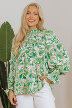 Green Leafy Printed Flounce Sleeve Shirred Mock Neck Blouse