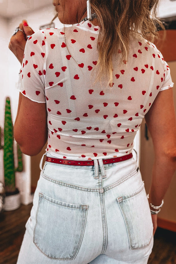 Red Allover Heart Print Mesh Short Sleeve Top