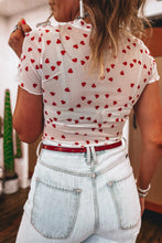 Red Allover Heart Print Mesh Short Sleeve Top