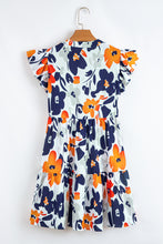 Orange Floral Print Notched Neck Flutter Sleeve Mini Dress