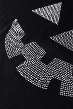 Black Halloween Rhinestone Pumpkin Face Contrast Ribbed Long Sleeve Patchwork Top