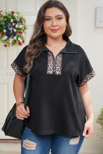 Black Plus Size Leopard Patchwork Half Zip Short Sleeve Top