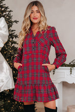 Red Plaid Shirt Collar Half Button Ruffle Hem Long Sleeve Mini Dress