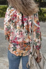 Pink Floral Print Lace Embroidery Tie Split Neck Long Sleeve Blouse