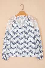 Blue Lace Patchwork Floral Bubble Sleeve V Split Neck Blouse