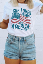 White She Loves Jesus and America Flag Graphic Tee