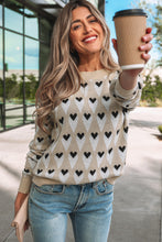 Parchment Geometric Heart Print Ribbed Trim Loose Sweater