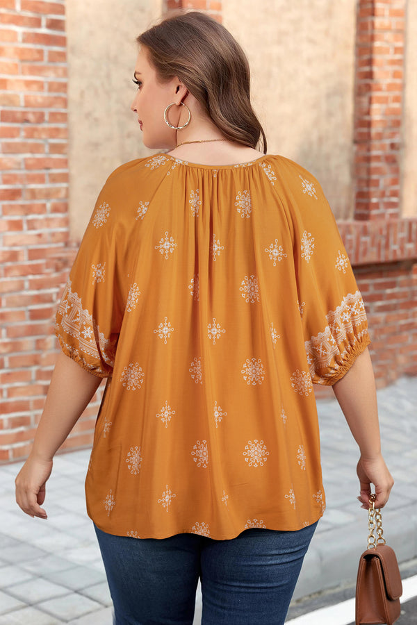 Yellow Boho Chic Notched V Neck Plus Floral Short Sleeve Top