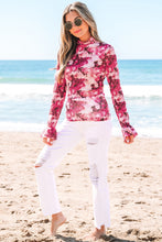 Rose Floral Mesh Flounce Sleeve Mock Neck Blouse