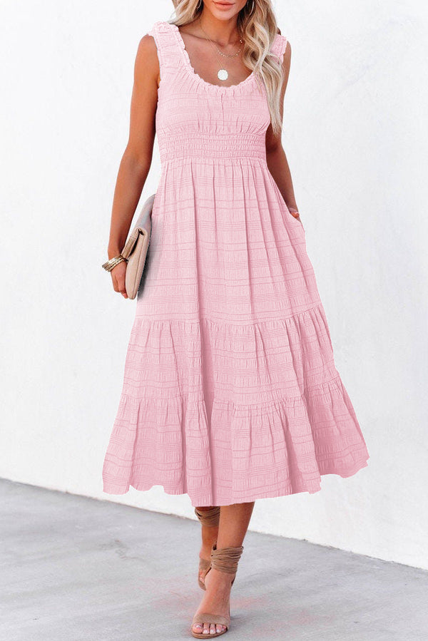Pink Shirred Pleated Square Neck Sleeveless Midi Dress