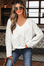 White Twisted Rib Patchwork Embroidered Loose V Neck Long Sleeve Top