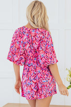 Green Abstract Print Puff Sleeve V Neck High Waist Romper