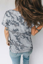 Gray Camouflage Print Round Neck T Shirt