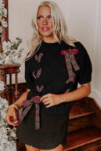 Fiery Red Plaid Lace up Detail Christmas Holiday Puff Short Sleeve Sweater