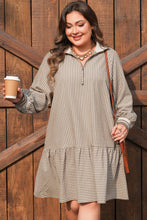 Khaki Stripe Zip up Collared Puff Sleeve Ruffled Plus Size Mini Dress