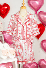 Red Cute Bow Heart Print Ribbon Decor Short 2pcs Pajama Set