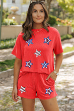 Orange Sequin USA Flag Star Graphic Corded T Shirt and Shorts Set