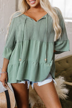 Laurel Green Tie Split Neck Textured Ruffle Patchwork Blouse