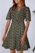 Green Floral Print Wrap V Neck Short Sleeve High Waistband Mini Dress