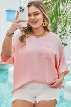 Four Leaf Clover Textured Half Sleeve V Neck Plus Size T Shirt with Chest Pocket
