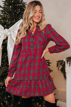 Red Plaid Shirt Collar Half Button Ruffle Hem Long Sleeve Mini Dress