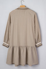 Khaki Stripe Zip up Collared Puff Sleeve Ruffled Plus Size Mini Dress