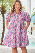 Pink Plus Size Floral Half Button Short Puff Sleeve A-line Dress