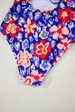 Pink Floral Ruffle Trim V Neck Lace-up Back Tummy Control One Piece Swimsuit