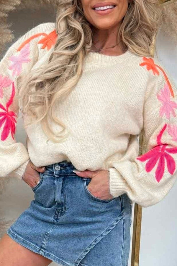 Simply Taupe Embroidered Floral Sleeve Round Neck Loose Sweater
