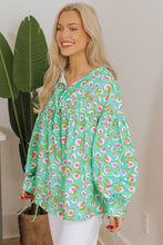 Green Abstract Printed Lace-up Lantern Sleeve Babydoll Blouse