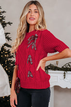 Fiery Red Plaid Lace up Detail Christmas Holiday Puff Short Sleeve Sweater