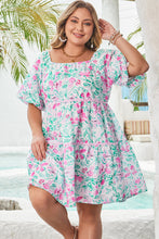 White Floral Print Ric-rac Trim Square Neck Plus Size Mini Dress